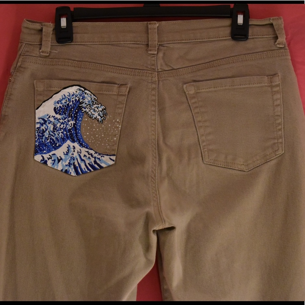 Hand Painted Great Wave On Denim Jeans
